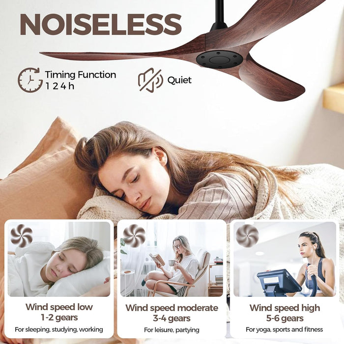 52 Inch Ceiling Fan without Lights, Walnut Finish | Outdoor Ceiling Fan with Remote, 6-Speed Adjustable Reversible DC Motor for Patio & Living Room