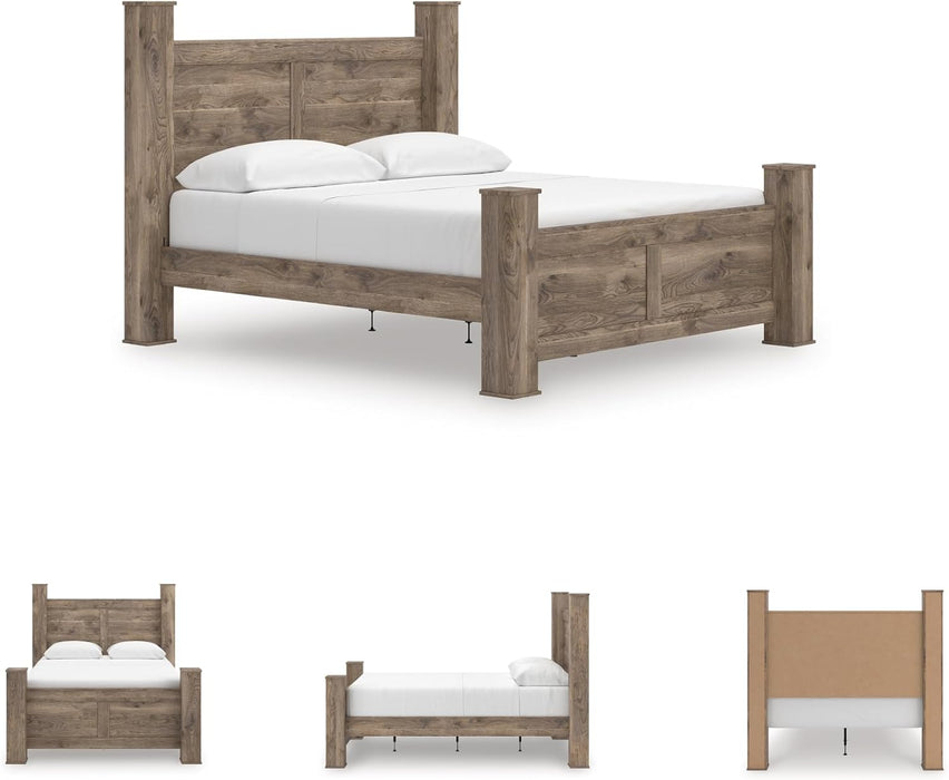 Signature Design by Ashley Keithland King Size Bed Frame with Poster Headboard, Traditional Bedframe in Wood with Hickory Grain Look, Bedroom Furniture, Deep Brown