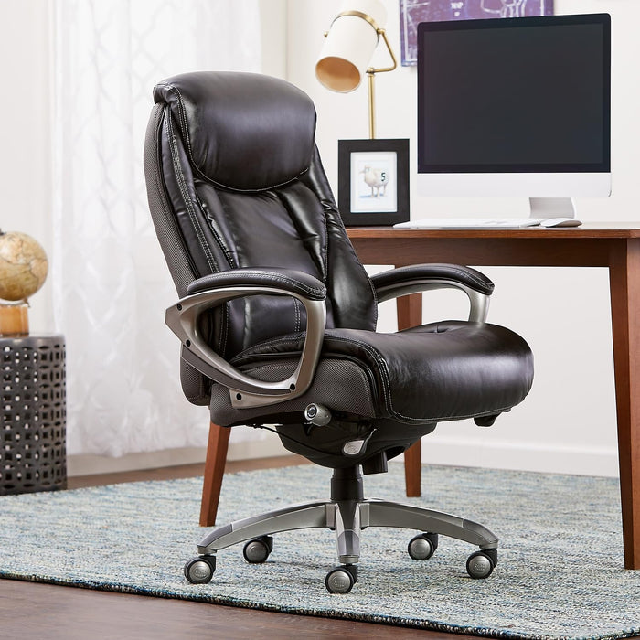 Lautner Executive Home Office Desk Chair, Ergonomic High-Back with Adjustable Lumbar & Body Pillows, Smartlayers and Comfortcoils Technology, Mesh and Bonded Leather, Black/ Gray
