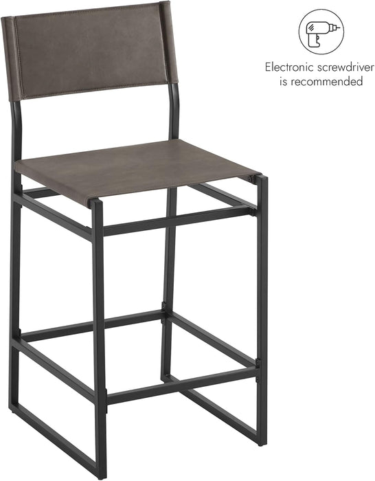 Faux Leather Counter Height Bar Stools Set of 2, Sling Armless Kitchen Barstools with Back and Metal Frame, 24" H Seat Height Counter Chairs, Grey