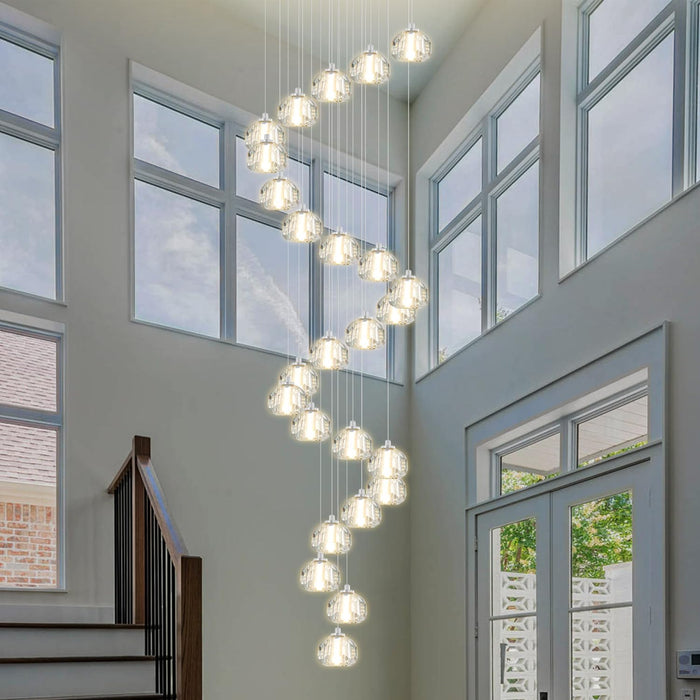 Crystal Ball Chandelier for High Ceiling Modern Glam Crystal Chandelier Lighting for Foyer Enterway Long Staircase 25 Light Silver