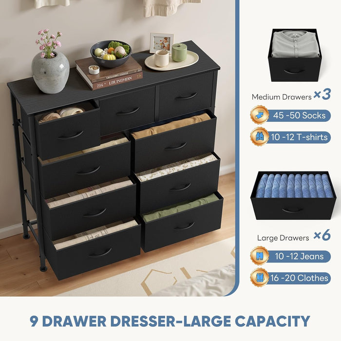 9 Drawer Dresser for Bedroom, Fabric Storage Organizer with Sturdy Metal Frame, Wooden Top Chest of Drawers for Closet Entryway Guest Room,Matte Black