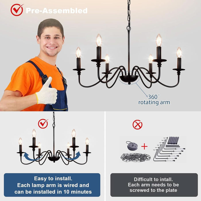 Farmhouse Chandelier for Dining Room: 6-Light Black Industrial Kitchen Island Pendant Light Fixture with 6 E12 Bulbs - Rustic Candle Chandeliers Vintage Modern Hanging Ceiling Lamp for Bedroom