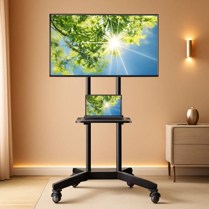 Rolling TV Stand for 32-85 Inch Tvs Holds up to 132 Lbs, Height Adjustable Mobile TV Cart with Wheels, Mobile TV Stand with Tray, Portable TV Stand for 4K Tvs Max VESA 600X400Mm PSTVMC01