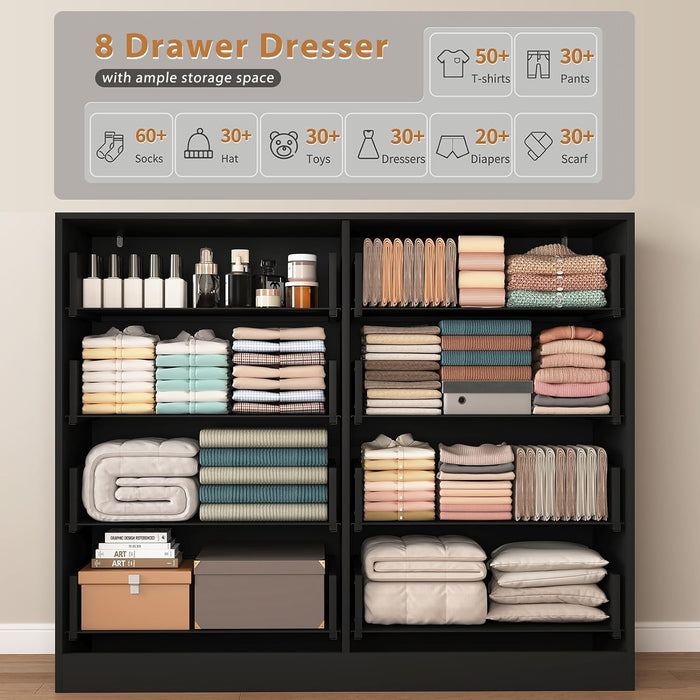 Black Dresser for Bedroom, 8 Drawer Dresser with Deep Drawer, Tall Modern Chest of Drawers with Golden Handle, Large Storage Organizer Bedroom Furniture, TV Stand for Living Room, Hallway, Entryway