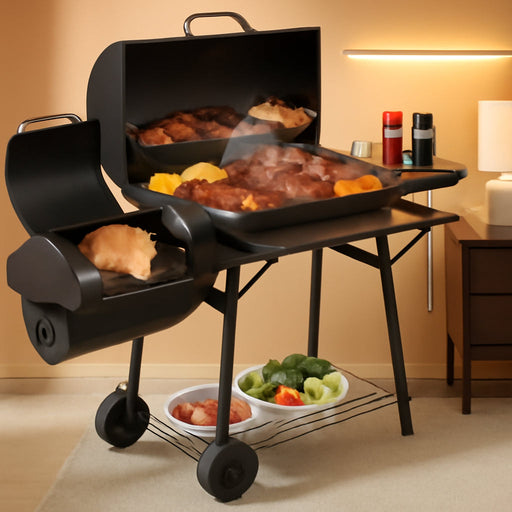 Barrel Charcoal Grill with Offset Smoker, Built-In Lifting Carbon Mesh, Large Charcoal Barbecue Smoker Grill Combo for Outdoor Backyard Patio Camping Parties 52 × 20 × 44 Inch