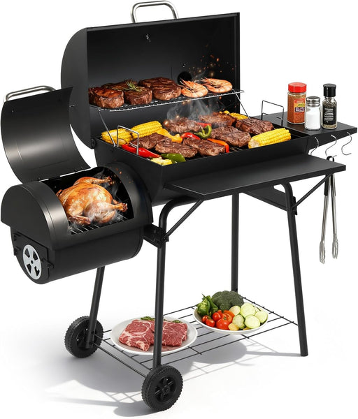 Barrel Charcoal Grill with Offset Smoker, Built-In Lifting Carbon Mesh, Large Charcoal Barbecue Smoker Grill Combo for Outdoor Backyard Patio Camping Parties 52 × 20 × 44 Inch