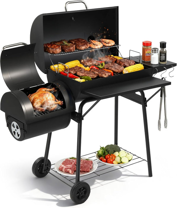 Charcoal Grill with Offset Smoker, Barrel Barbecue Smoker Grill with Spacious Cooking Area for BBQ, Backyard Patio Picnic Parties Camping, Black