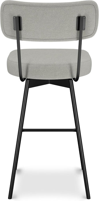 Giselle Swivel Bar Stools (Set of 2) - 29 Inch Seat Height Upholstered Metal Chairs in Light Grey Polyester Linen, Contemporary Seating for Kitchen or Bar with Cushioned Seat and Back