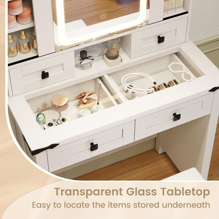 White Vanity Desk with Barn-Style Sliding Mirror and Lights, Glass Tabletop Makeup Vanity Desk with Drawers & Shelves, Farmhouse Vanity Dressing Table with Stool