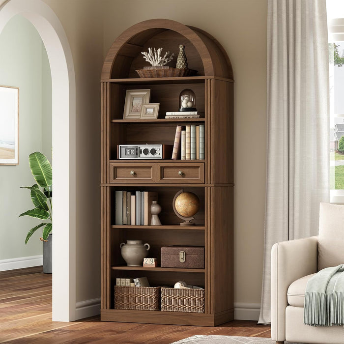 Arched Bookshelf, 73" Tall Arch Bookcase with Drawers, 6-Tier Farmhouse Book Shelf, Wooden Bookshelf with Open Display Shelves for Living Room, Office, Adjustable Shelf, Walnut
