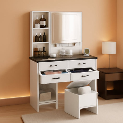 Farmhouse Makeup Vanity Desk with Mirror and Lights | Large Makeup Vanity Table with Power Outlet, Drawers and Cabinet with Storage Bench for Women Girls, Black