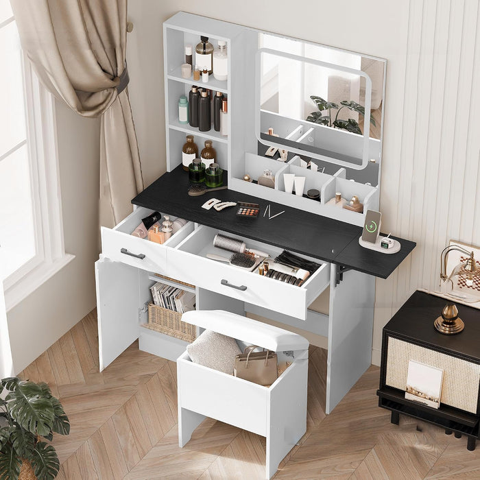 Farmhouse Makeup Vanity Desk with Mirror and Lights | Large Makeup Vanity Table with Power Outlet, Drawers and Cabinet with Storage Bench for Women Girls, Black