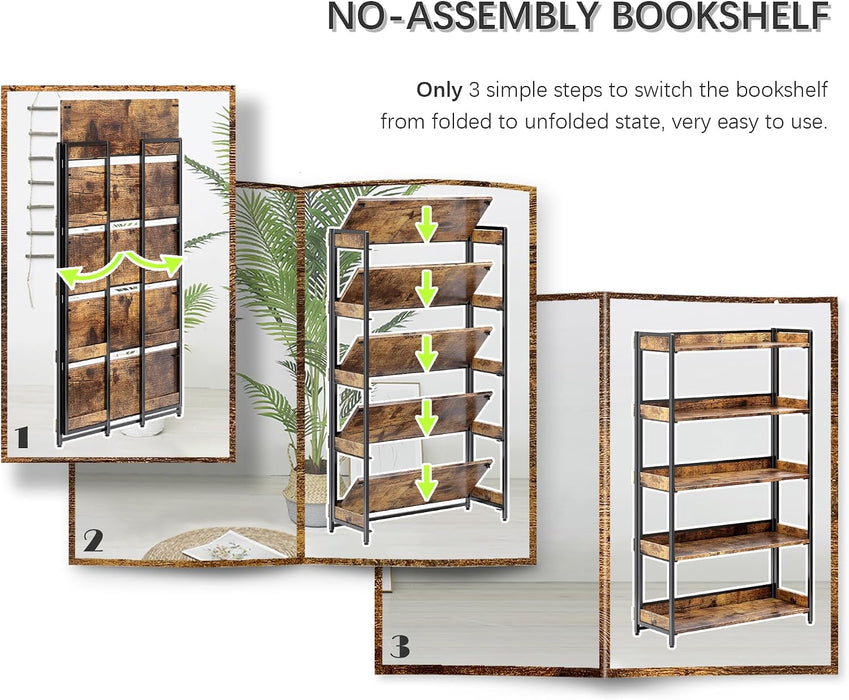 Extra Wdie No Assembly Folding Bookshelf, 64.3" H X 30.9" W, 5 Tier Collapsible Book Shelf Bookcase Foldable Shelves for Bedroom Living Room Home Office - Rustic Brown & Black