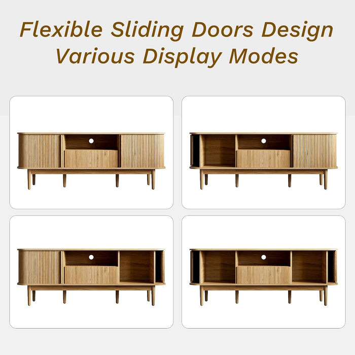 63" Tambour TV Stand, Fluted TV Stand for Tvs up to 70'', Modern Entertainment Center with Storage, Wood Media Console with Sliding Doors for Living Room, Natural