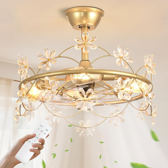 Bedroom Ceiling Fan with Lights: 20" Gold Chandelier Small Fan with Remote Control - Modern Flower Fandelier for Girl'S Bedroom Living Room Kitchen