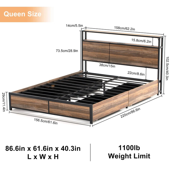 LED Queen Bed Frame with Storage Headboard & 4 Drawers, Industrial Metal Platform Bed with Power Charging Station & USB Ports