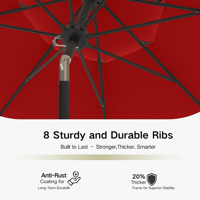 9Ft 3-Tier Patio Umbrella, Outdoor Table Umbrella with Easy Crank & Tilt, 8 Reinforced Ribs, UV Protection for Deck, Pool, Market, Backyard (Red)