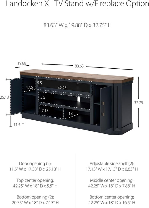 Landocken Contemporary 83" TV Stand for Tvs up to 95" with Fireplace Option, 2 Cabinets, 2 Doors, 2 Adjustable Shelves, Open Cubbies and Cord Openings, Dark Brown & Blue