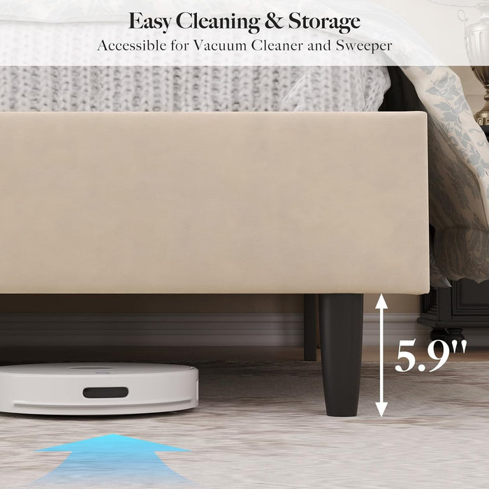 Full Size Bed Frame with Headboard, Luxury Upholstered Velvet Platform Bed with Wingback, Button Tufted & Nailhead Trim, Anti-Slide Tall Footboard, No Box Spring Needed, Noise-Free, Beige