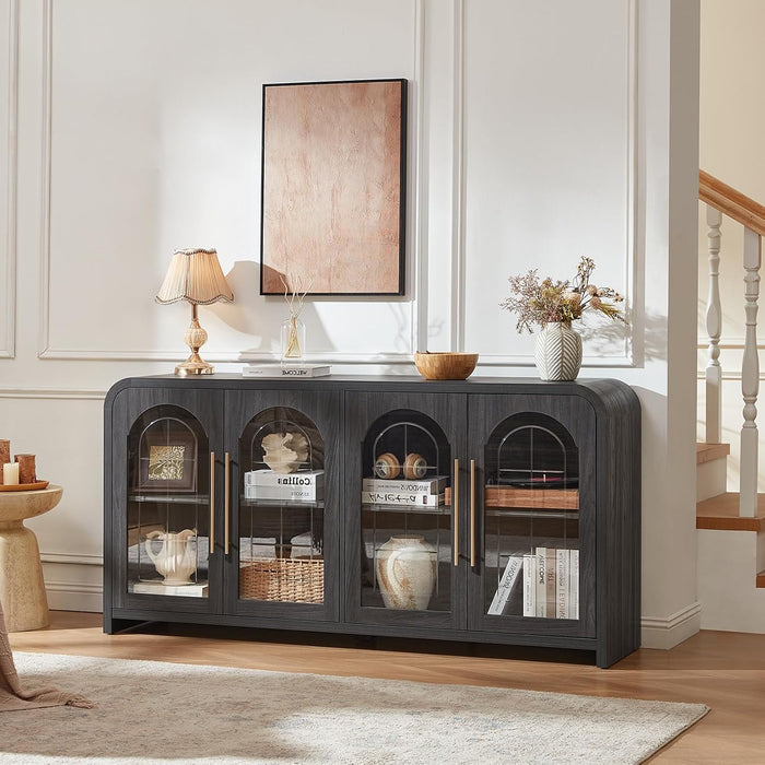 65" Sideboard Buffet Cabinet with Arched Glass Doors, Dark Gray | Modern Wood Sideboard, Spacious Storage Credenza, Adjustable Shelves, Living Room Accent Cabinet, Dining Room & Entryway Use