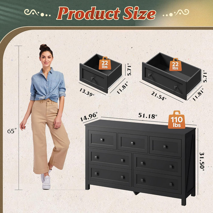 Farmhouse Dresser for Bedroom, 51.18'' Wide 7 Drawer Wood Dresser, Black TV Stand for 65 Inch TV, Wooden Chest of Drawers for Bedroom, Modern Clothes Organizer for Living Room, Hallway