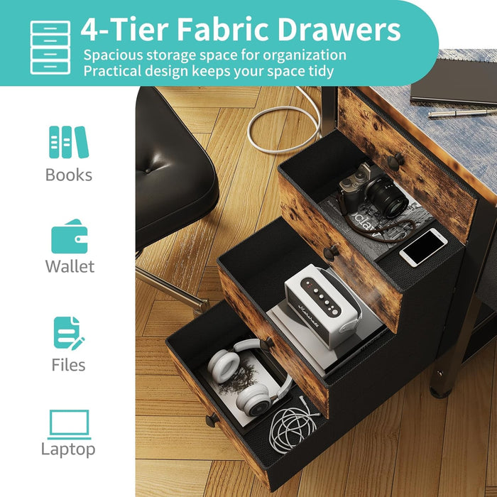 Computer Desk with Fabric Drawers, 47 Inch Home Office Desk with Monitor Stand, Gaming Desk with LED Lights and Power Outlets, Rustic Brown
