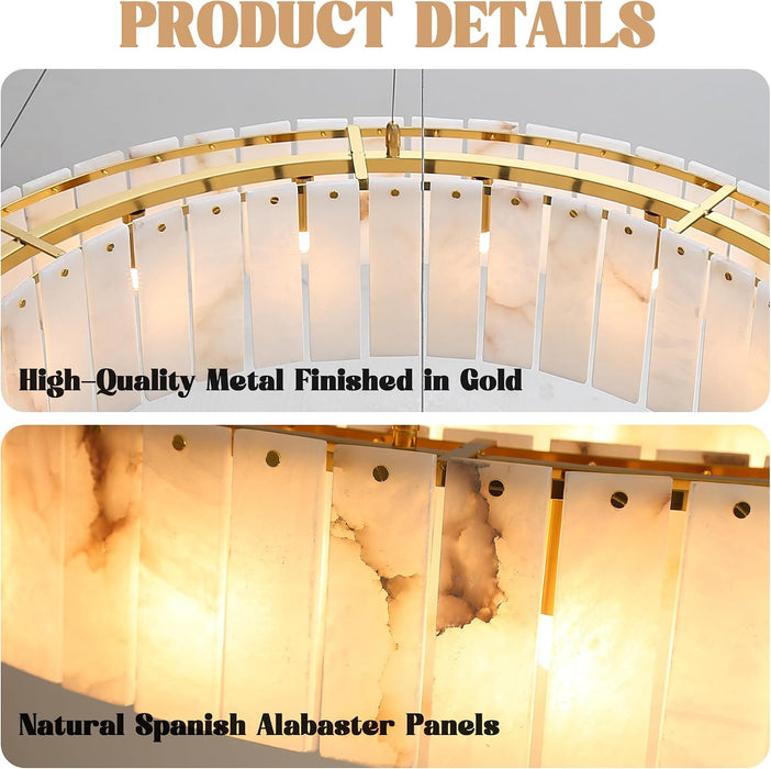 Round Alabaster Chandelier 40 Inch 16-Lights, Modern Gold Finish 2-Tier Spanish Natural Marble Pendant Lighting Fixtures, for Dining Room, Living Room, Bedroom, Foyer, Entryway