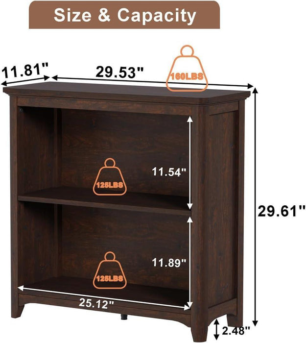 Wooden Bookshelf Bookcase, 2-Tier Compact Wood Book Shelf with Adjustable Display Storage Shelves, Floor Standing Book Case for Living Room, Office, Brown Cherry