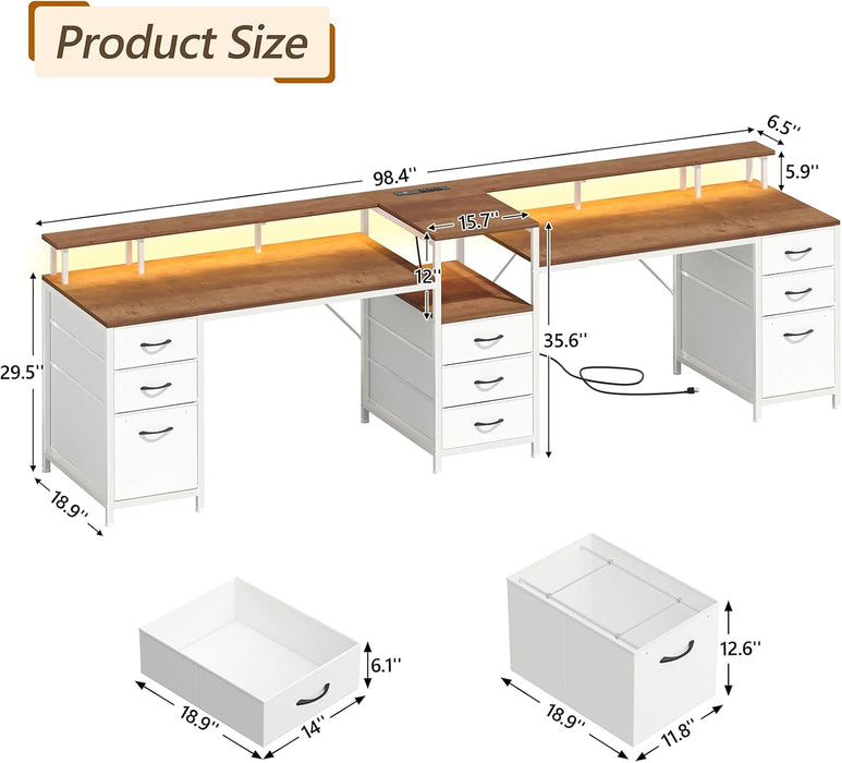 98.4" Long Computer Desk with 9 Drawers, 2 Person Gaming Desk with LED Lights & Power Outlet, Two Person Home Office Desk with Storage, Printer Shelf ＆ Monitor Stand, Brown and White