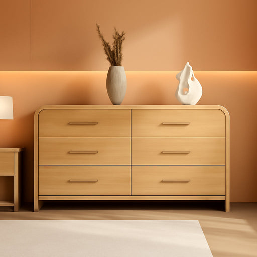 Curved 6-Drawer Dresser for Bedroom, 54" Wide Modern Chest of Drawers, Vanity Desk TV Stand for Living Room, Closet Storage Drawers Coffee Table Bedside Table End Table, Oak