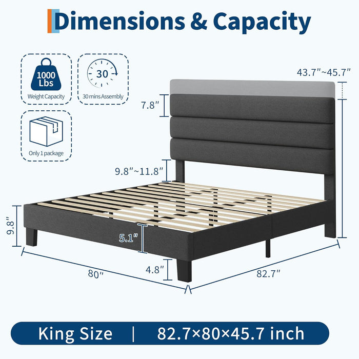 King Size Platform Bed Frame with Adjustable Headboard, Linen Fabric Upholstered and Wooden Slats Support, Heavy Duty Mattress Foundation, No Box Spring Needed, Easy Assembly, Dark Grey
