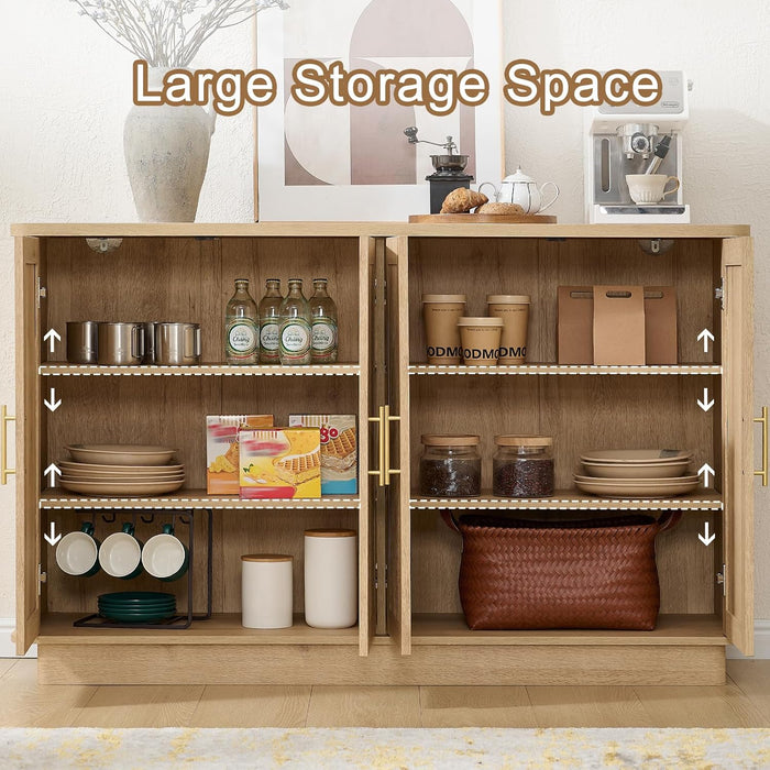 Modern Sideboard Buffet Cabinet with Storage, Oak | Fluted Coffee Bar Cabinet with 4 Doors & Adjustable Shelves for Kitchen, Dining Room, Living Room & Hallway