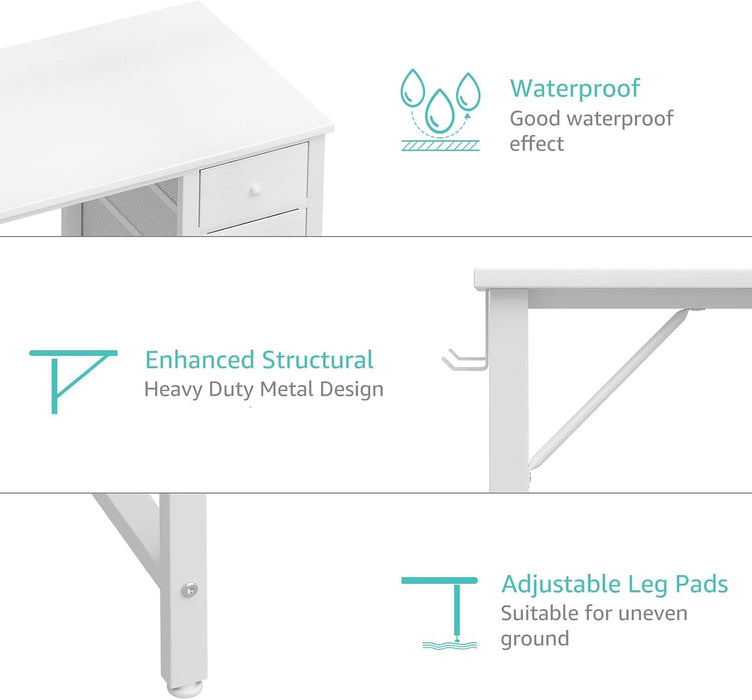 Small White Desk with Drawers for Bedroom, 40 Inch Kids Girls Study Desks, Reversible Computer Writing Nail Table with Fabric Drawer for Small Spaces Home Office Manicure
