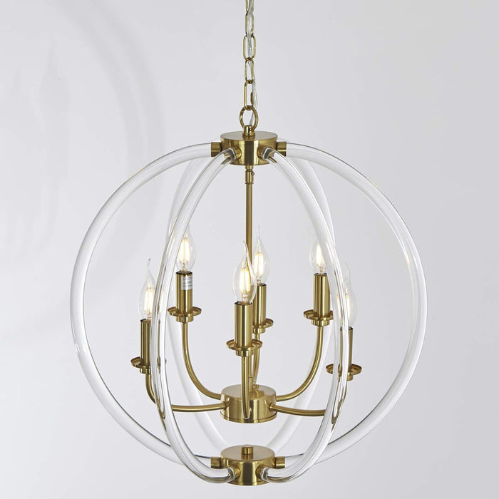 Six Globular Pendant Chandelier Acrylic Brass Finish