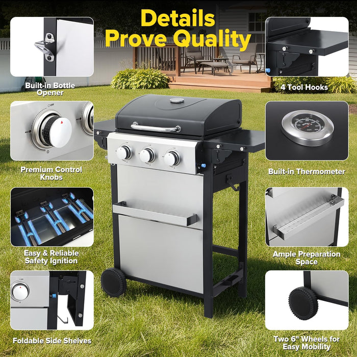 3 Burner Propane Gas Grill, 30,000 BTU Stainless Steel Outdoor BBQ Grill with 322 Sq. In. Cooking Area & 2 Foldable Side Shelves, Patio Cookout Essentials for Backyard