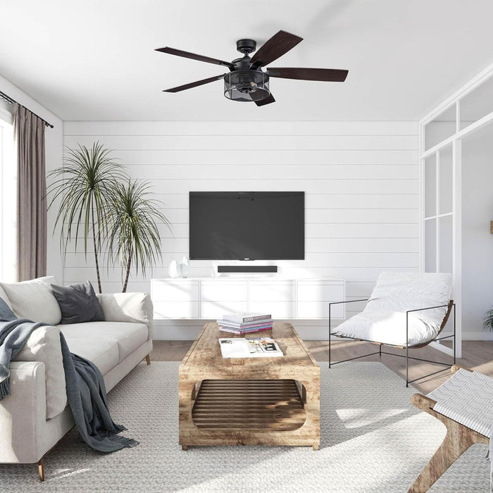 Ceiling Fans Carnegie Industrial 52 Inch Ceiling Fan with Light, Remote Control Fan, LED Indoor Fan with 5 Blades, Gray Pine and Brown Chestnut Blade Finish Options, Matte Black (50614-01)