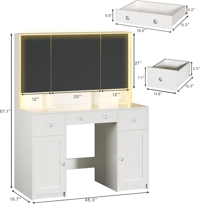 Vanity Desk with Mirror and Lights, 45.3'' Large Makeup Vanity with Glass Top & Power Outlet, White Vanity Table with 3 Drawers & 2 Cabinets & Hidden Storage Shelves, 3 LED Lighting Modes