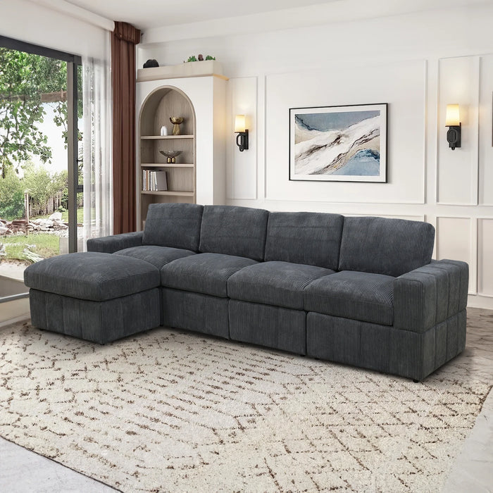 Sectional Sofa, 132" Oversized 4 Seater Couch with Ottoman for Living Room, Corduroy, Gray