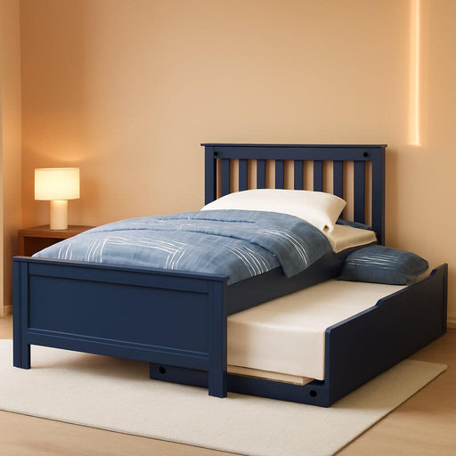 Twin Bed, Wood Bed Frame with Headboard for Kids with Trundle, Slatted, Blue