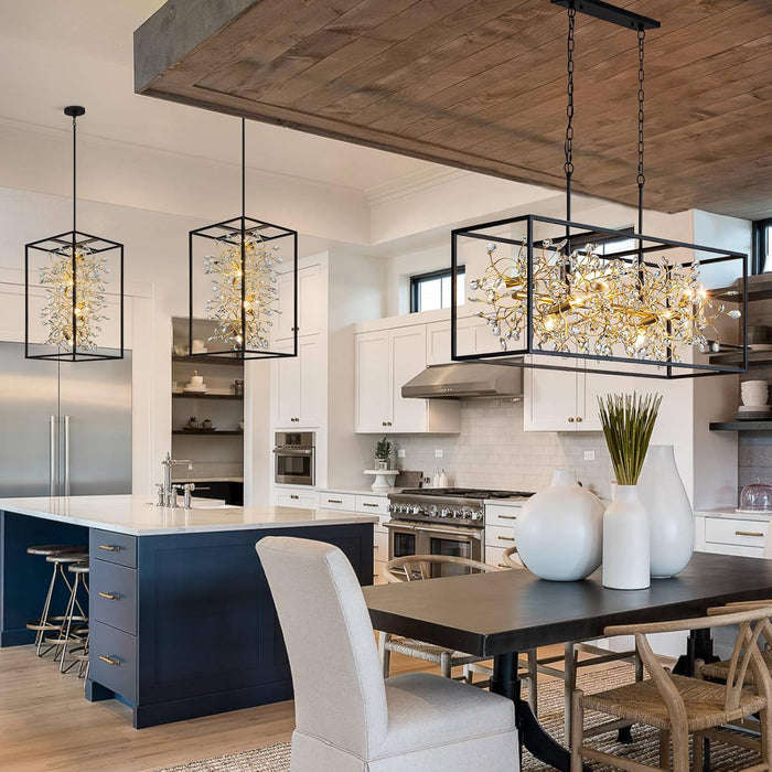 Black and Gold Chandelier, 8-Light Rectangle Crystal Chandeliers Rectangular Modern Farmhouse Pendant Light Fixture for Dining Room Kitchen Island Large, L38.5 Inch