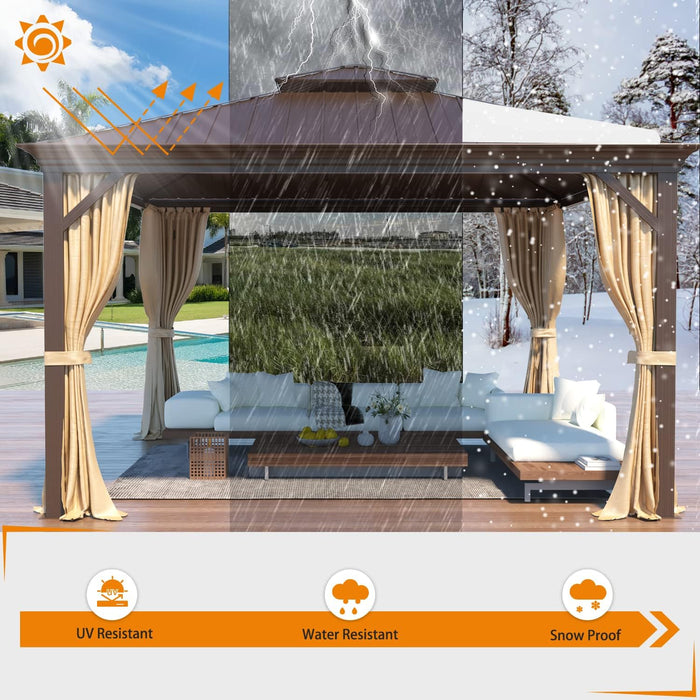 12' X 12' Gazebo Hardtop Double Roof Galvanized Steel Gazebos with Netting and Curtains Outdoor Aluminum Frame Permanent Metal Pavilion for Patio Backyard Deck and Lawns