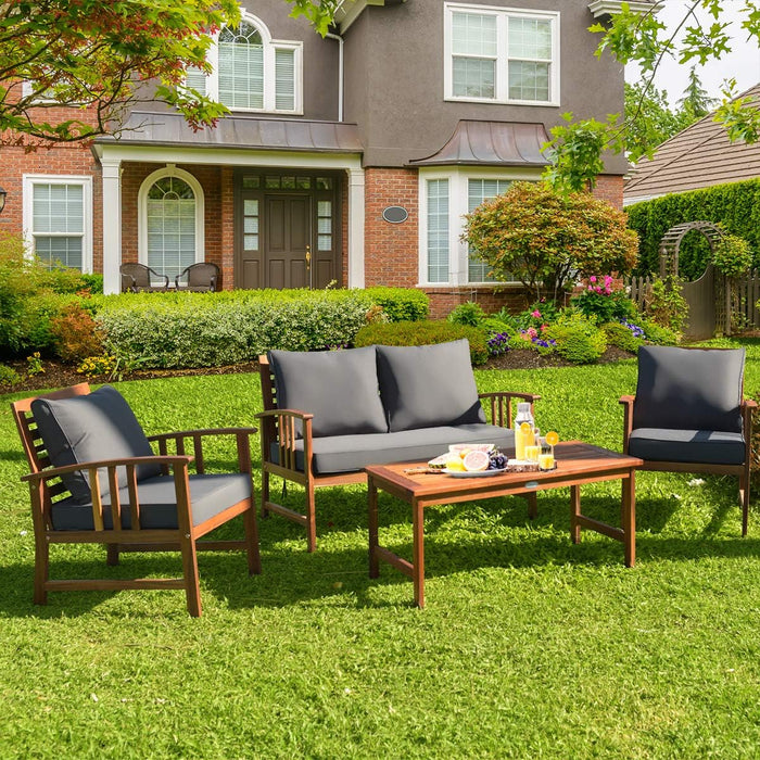 4 Pieces Acacia Wood Patio Furniture Set, Outdoor Seating Chat Set with Gray Cushions & Back Pillow, Conversation Set with Coffee Table, Ideal for Garden, Backyard, Poolside
