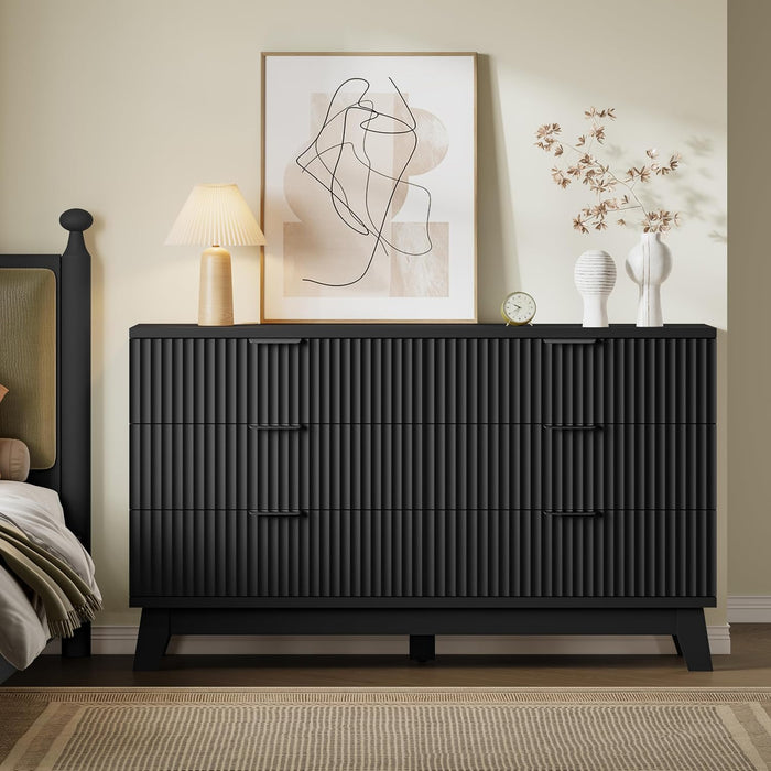 53" Long Dresser for Bedroom, 6-Drawer Dresser with Fluted Fronts, Wide Wood Chest of Drawers, Smooth Metal Slides, Stable Base, Modern Clothes Storage Cabinet for Living Room, Hallway