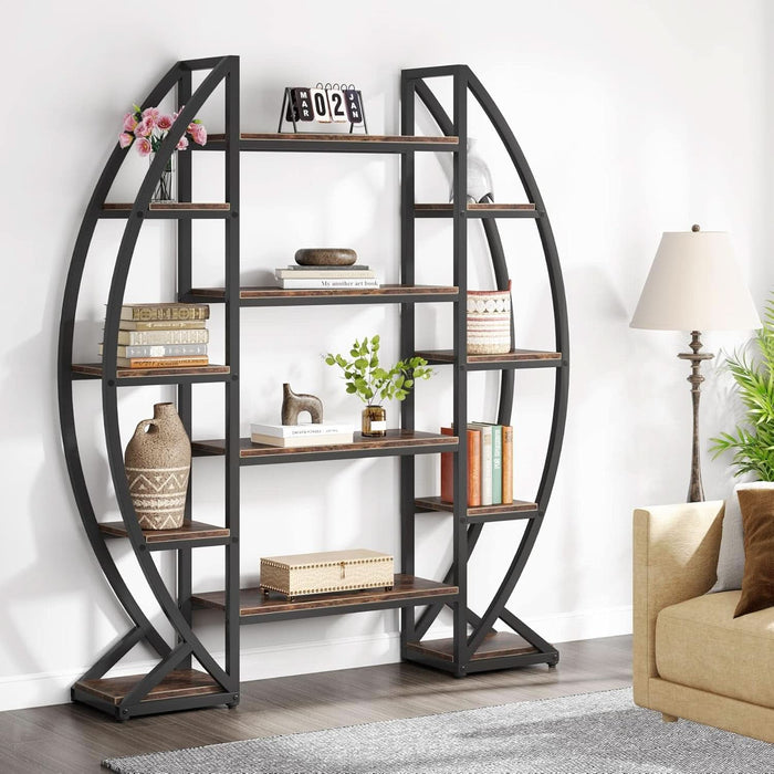 Oval Bookshelf, Triple Wide 5 Tier Etagere Bookcase, Industrial Display Shelves for Living Room (Brown, 55")