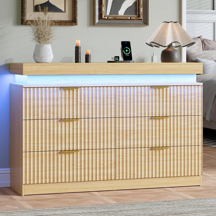 Dresser for Bedroom 6 Drawers with RGB LED Lights and Charging Station, 47.2" Wide Fluted Wooden Chest of Drawers, TV Stand Closet Clothes Storage Organizer for Living Room, Hallway, Oak