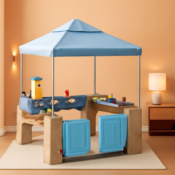 All around Playtime Patio with Canopy Playset – Shaded Outdoor Playhouse for Kids with Realistic, Interactive Features, Room for Multiple Toddlers to Play – Dimensions: 60" H X 47.5" W X 47.5" D