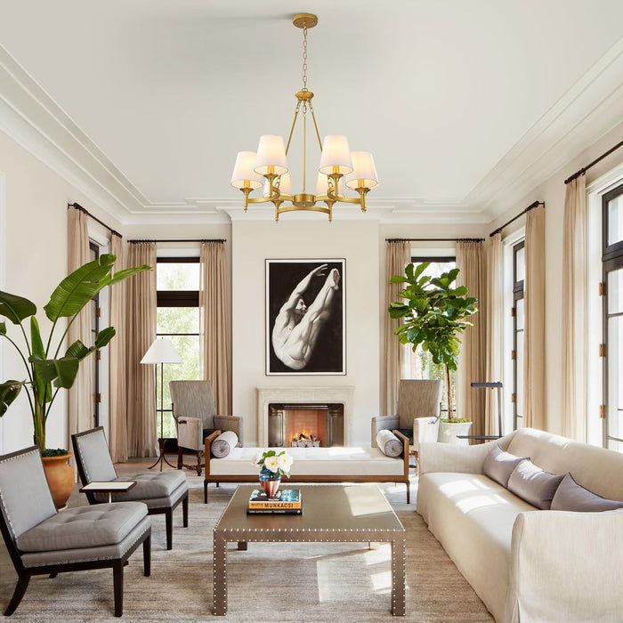 Gold Chandelier with White Shades, 6-Light Modern Farmhouse Chandeliers for Dining Room, Rustic round Hanging Light Fixture for Kitchen Island Bedroom Office Living Room Entryway