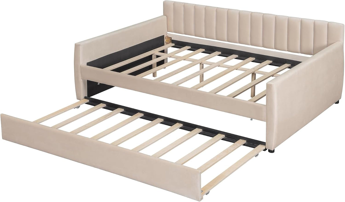 Full Size Daybed with Trundle, Upholstered Day Bed Frame Velvet Sofa Beds with Vertical Channel Tufted Headboard for Living Room, Bedroom, Beige