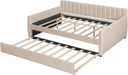 Full Size Daybed with Trundle, Upholstered Day Bed Frame Velvet Sofa Beds with Vertical Channel Tufted Headboard for Living Room, Bedroom, Beige
